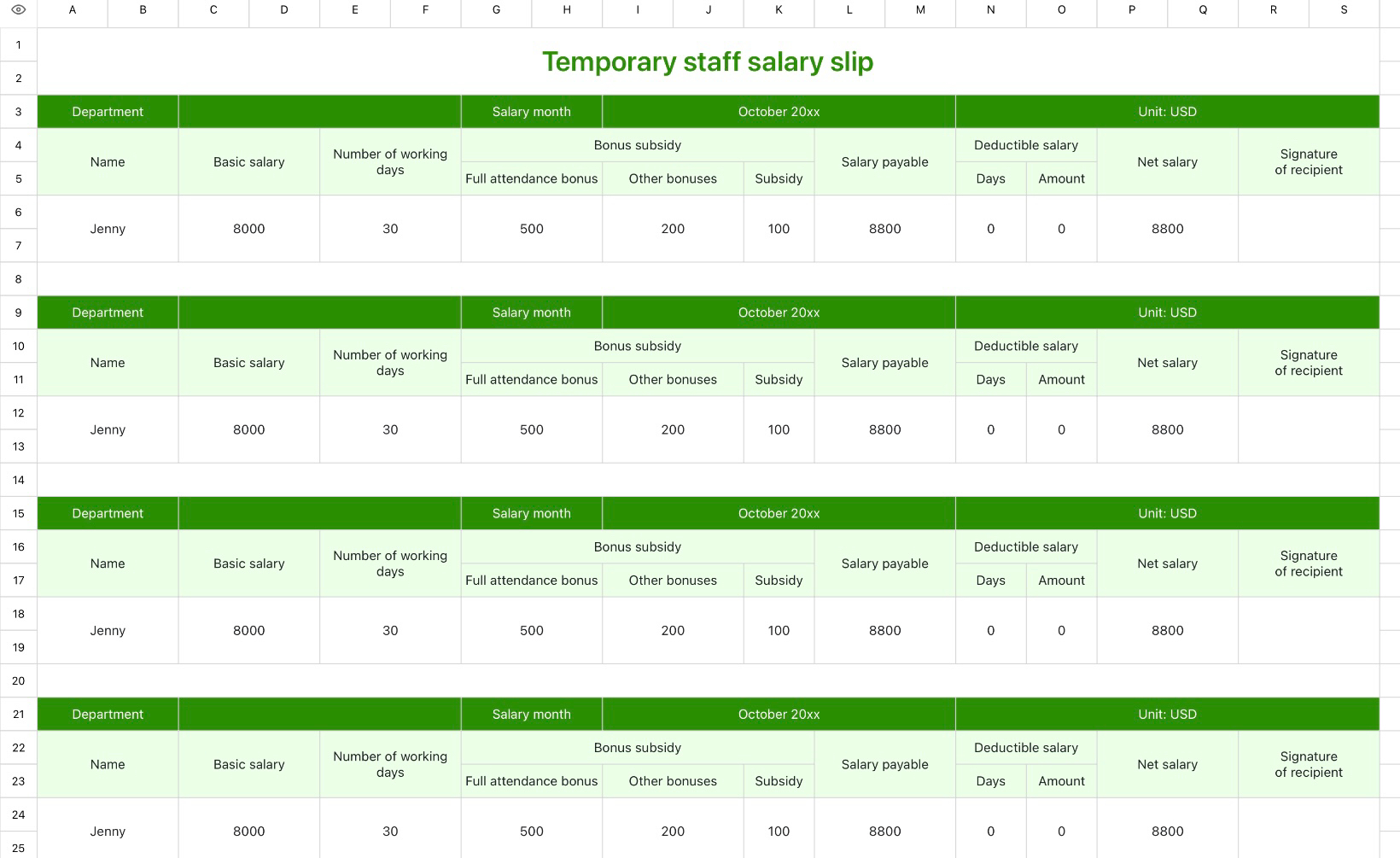 Temporary staff salary slip